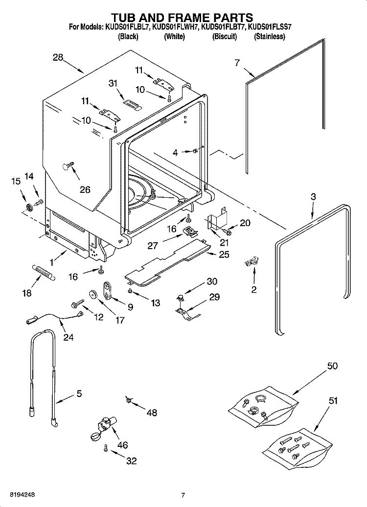 TUB AND FRAME PARTS Diagram and Parts List for KUDS01FLBL7  KitchenAid Dishwasher