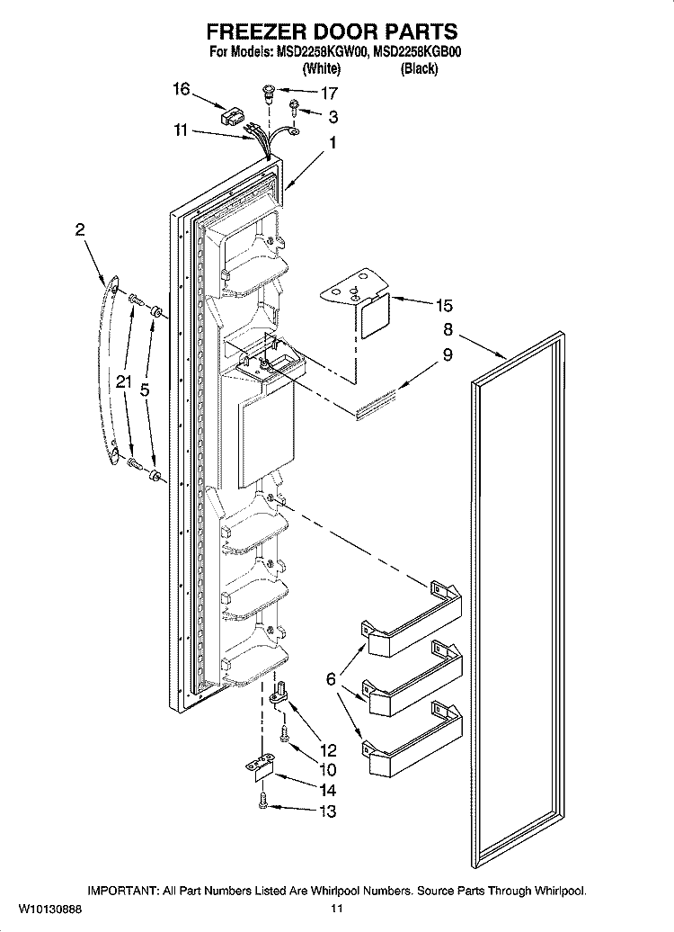 FREEZER DOOR PARTS Diagram and Parts List for MSD2258KGW00  Whirlpool Refrigerator