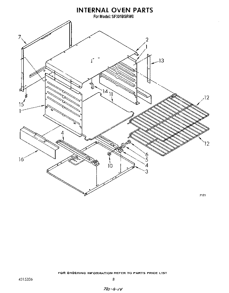 INTERNAL OVEN Diagram and Parts List for SF3021ERW1  Whirlpool Range