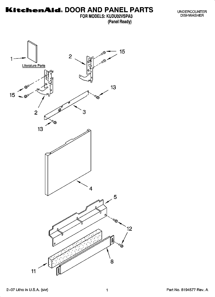 DOOR AND PANEL PARTS Diagram and Parts List for KUDU02VSPA3  KitchenAid Dishwasher
