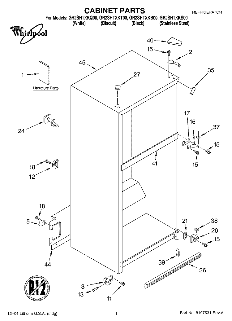 CABINET, LITERATURE Diagram and Parts List for GR2SHTXKS00  Whirlpool Refrigerator