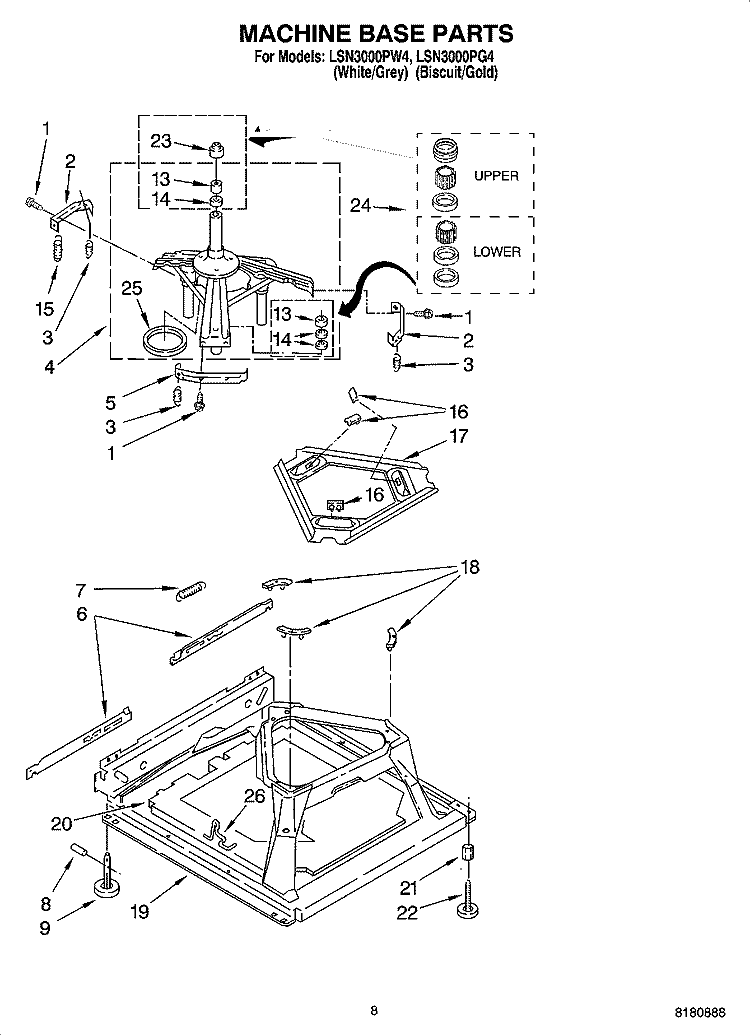 MACHINE BASE PARTS Diagram and Parts List for LSN3000PW4  Whirlpool Washer