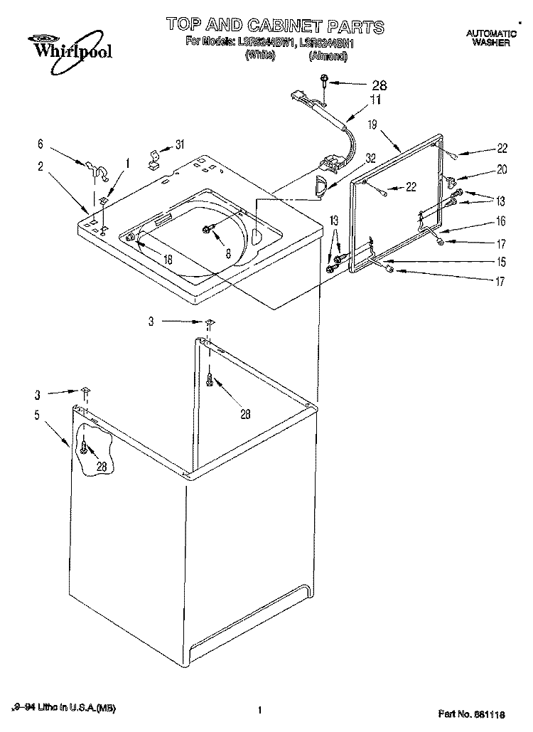 TOP AND CABINET, LIT/OPTIONAL Diagram and Parts List for LSR8244BN1  Whirlpool Washer