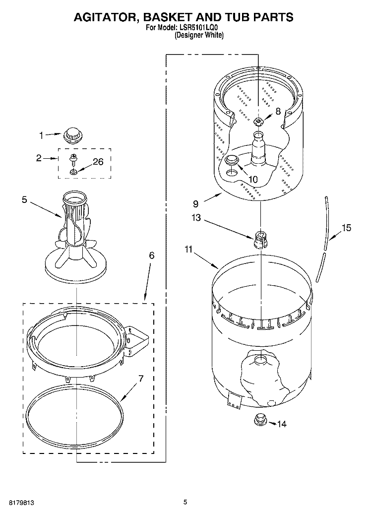 AGITATOR, BASKET AND TUB Diagram and Parts List for LSR5101LQ0  Whirlpool Washer