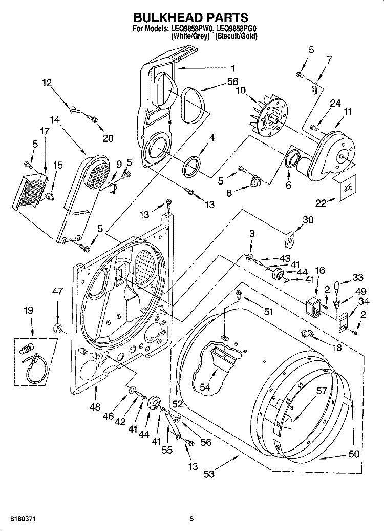 BULKHEAD PARTS Diagram and Parts List for LEQ9858PG0  Whirlpool Dryer