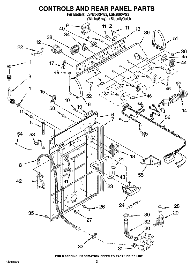 CONTROLS AND REAR PANEL PARTS Diagram and Parts List for LSN2000PG3  Whirlpool Washer
