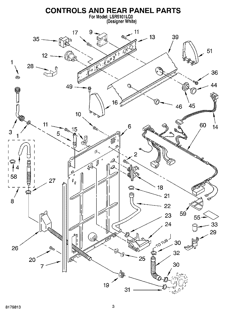 CONTROLS AND REAR PANEL Diagram and Parts List for LSR5101LQ0  Whirlpool Washer