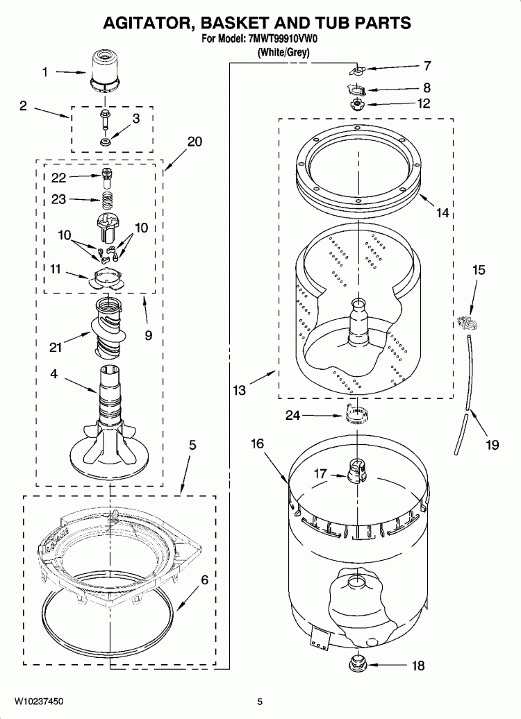 AGITATOR, BASKET AND TUB PARTS Diagram and Parts List for 7MWT99910VW0  Whirlpool Washer