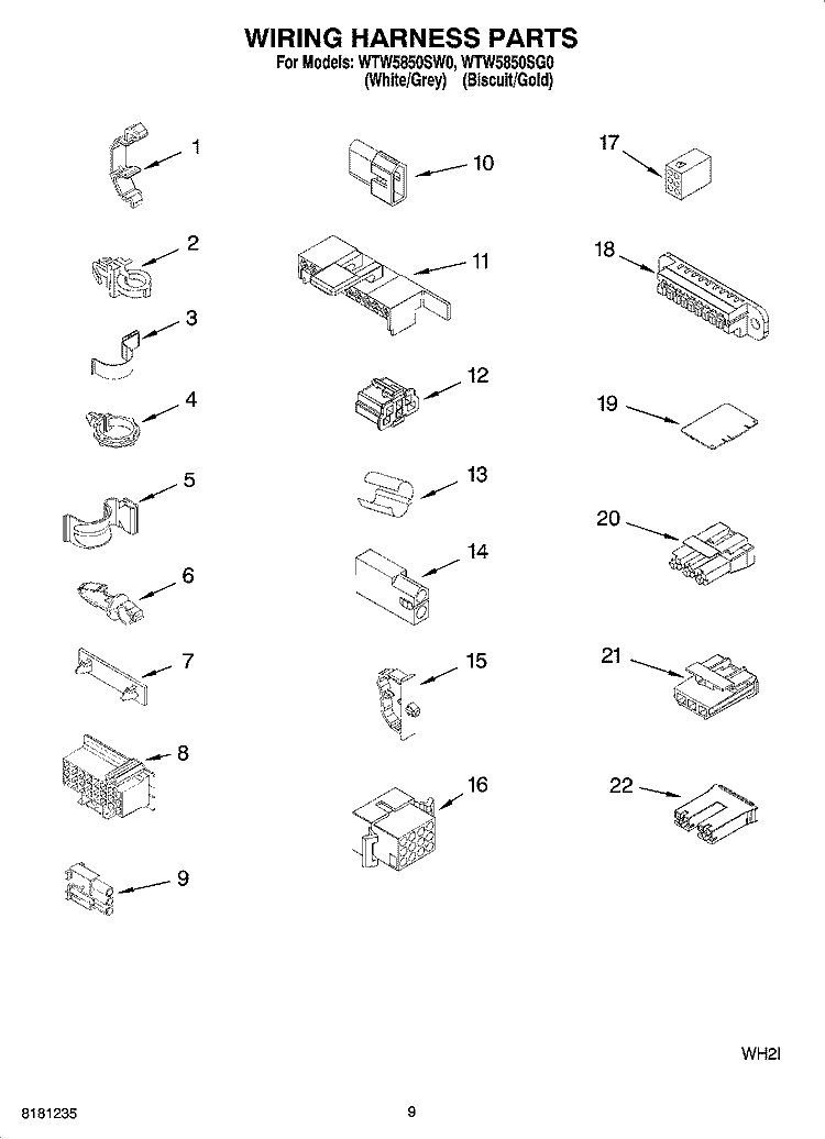 WIRING HARNESS PARTS Diagram and Parts List for WTW5850SW0  Whirlpool Washer