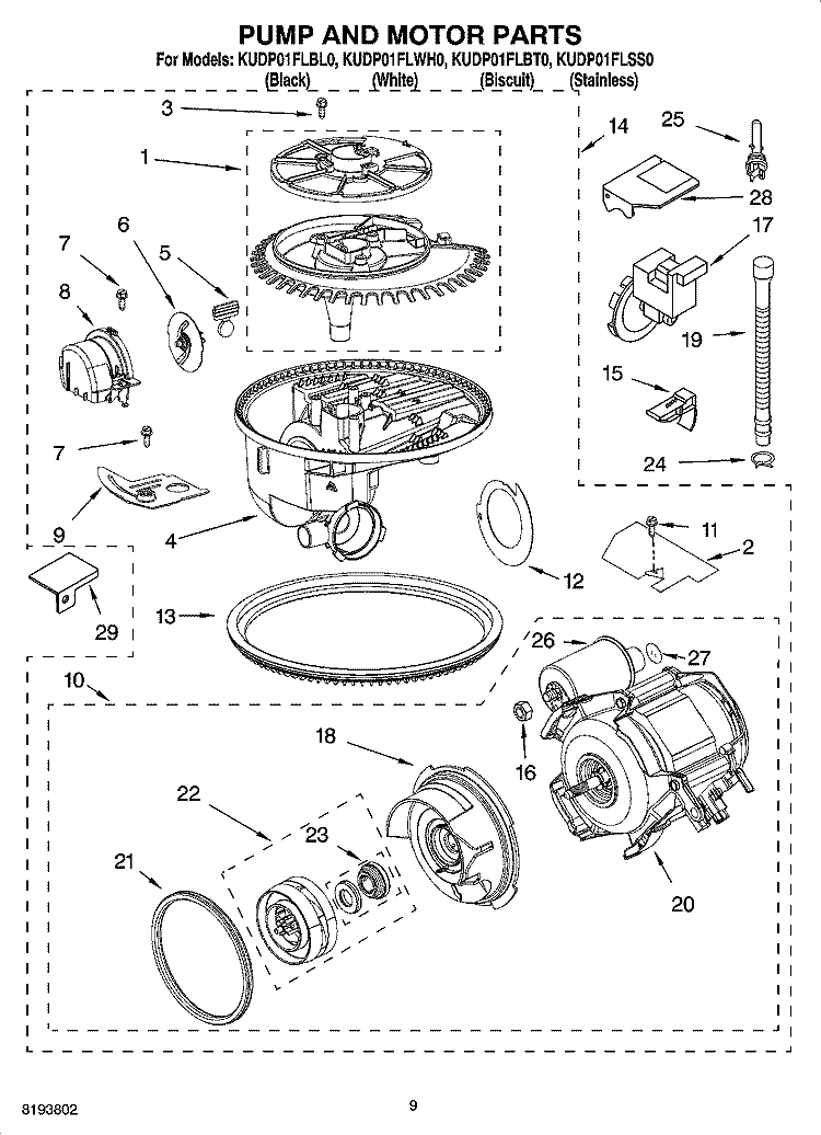 PUMP AND MOTOR PARTS Diagram and Parts List for KUDP01FLBT0  KitchenAid Dishwasher
