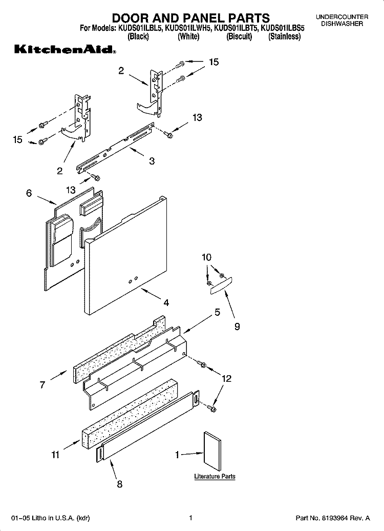 DOOR AND PANEL PARTS Diagram and Parts List for KUDS01ILBT5  KitchenAid Dishwasher
