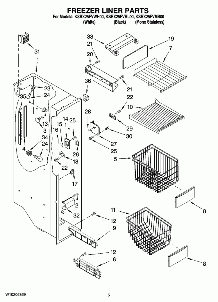 FREEZER LINER PARTS Diagram and Parts List for KSRX25FVMS00  KitchenAid Refrigerator