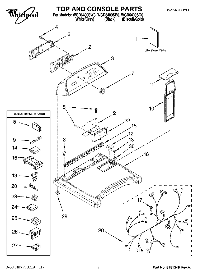 TOP AND CONSOLE PARTS Diagram and Parts List for WGD6400SB0  Whirlpool Dryer
