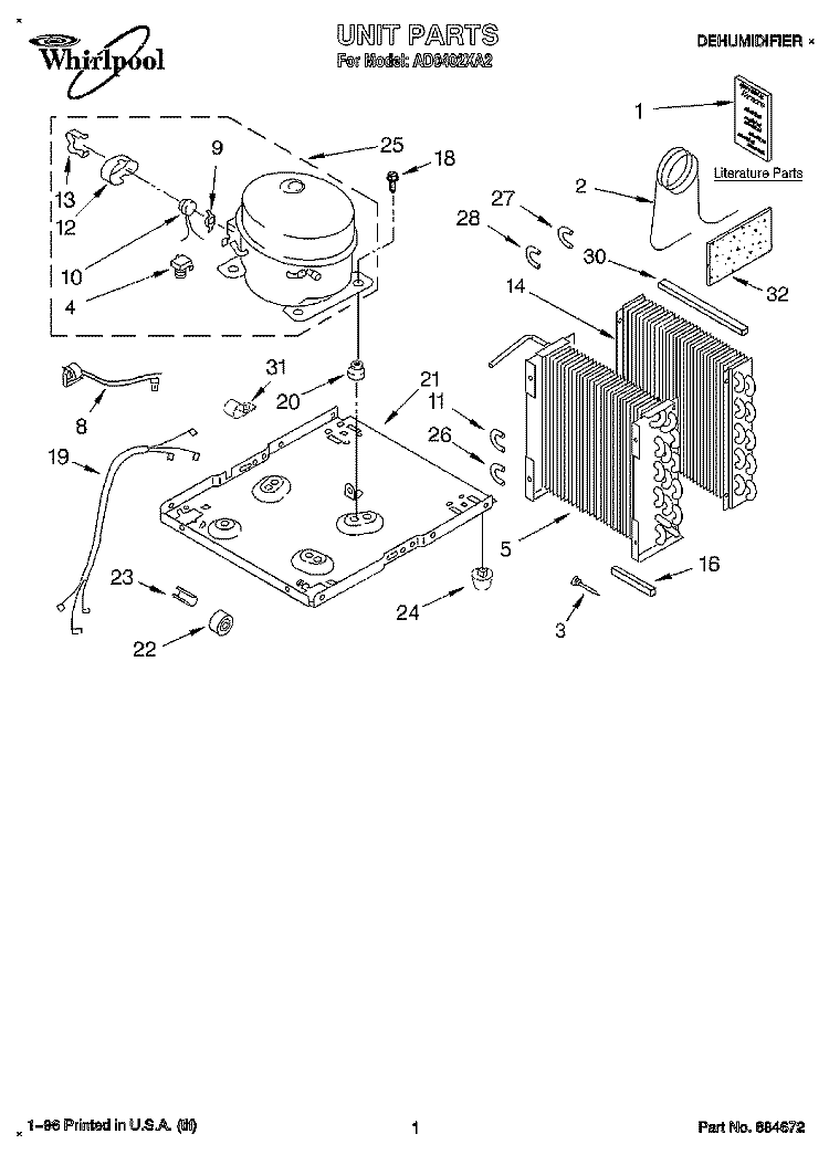 SECTION Diagram and Parts List for AD0402XA2  Whirlpool Dehumidifier