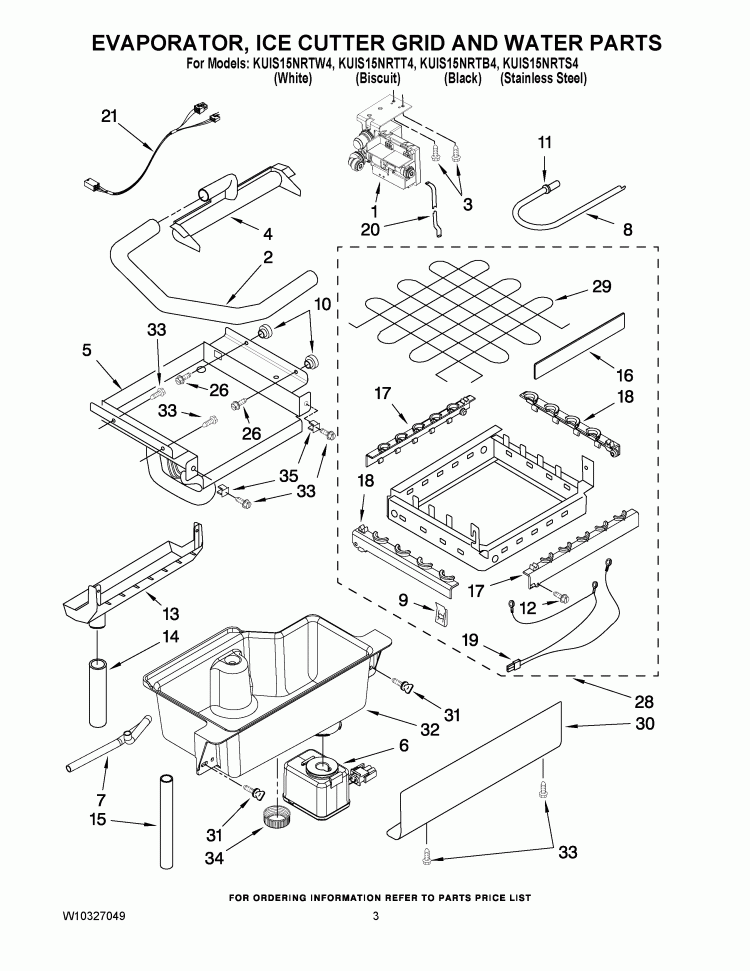 EVAPORATOR, ICE CUTTER GRID AND WATER PARTS Diagram and Parts List for KUIS15NRTS4  KitchenAid Ice Maker
