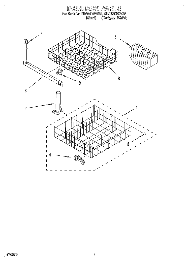 DISHRACK Diagram and Parts List for DU805DWGB0  Whirlpool Dishwasher