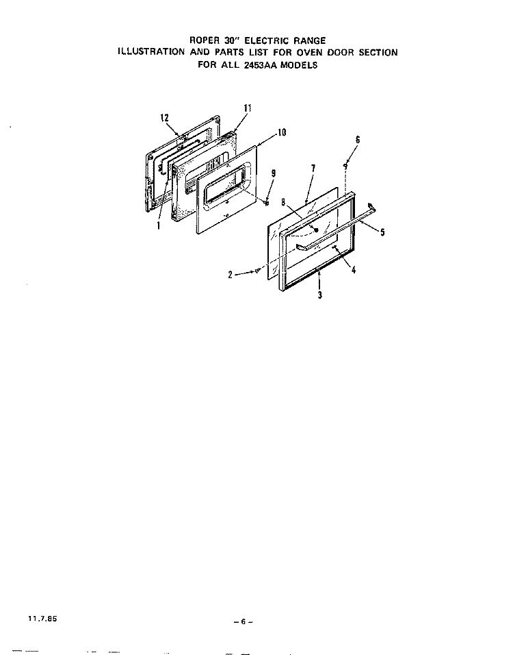 OVEN DOOR Diagram and Parts List for 2453WAA  Roper Range