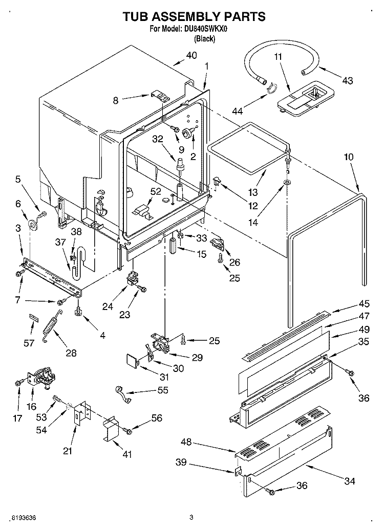 TUB ASSEMBLY Diagram and Parts List for DU840SWKX0  Whirlpool Dishwasher
