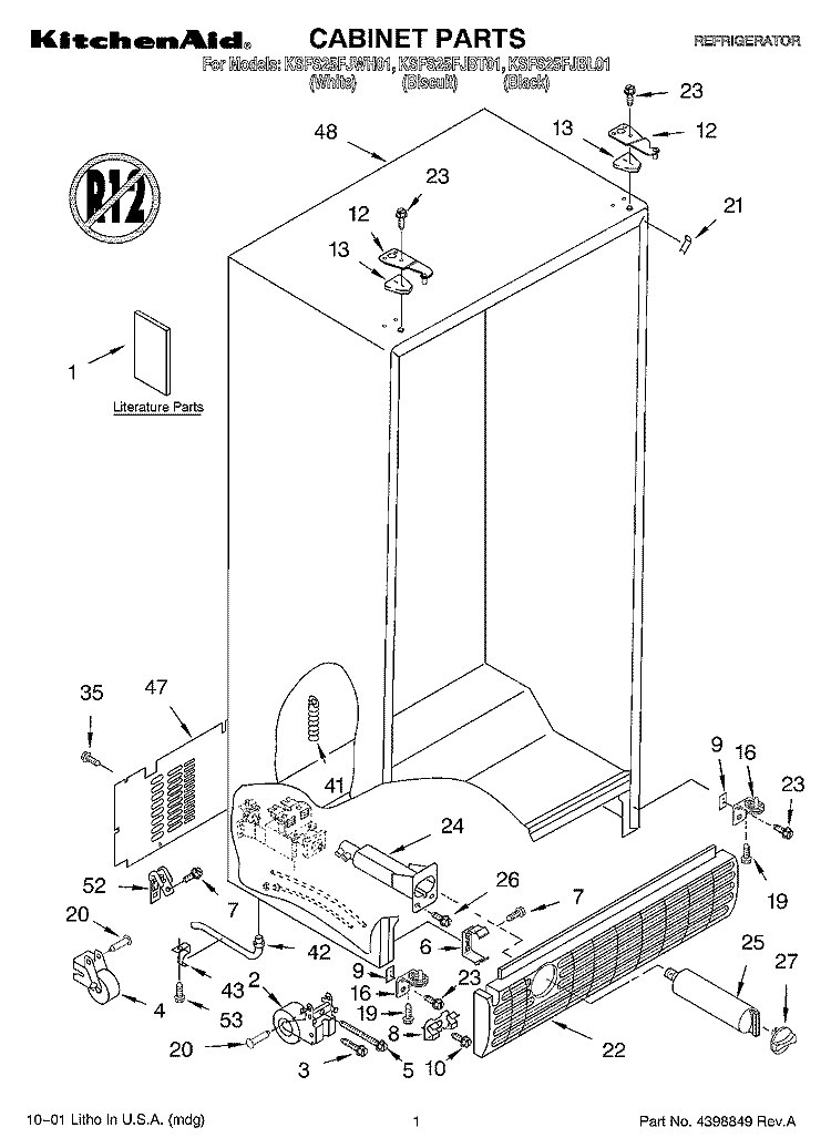 CABINET, LITERATURE Diagram and Parts List for KSFS25FJBT01  KitchenAid Refrigerator
