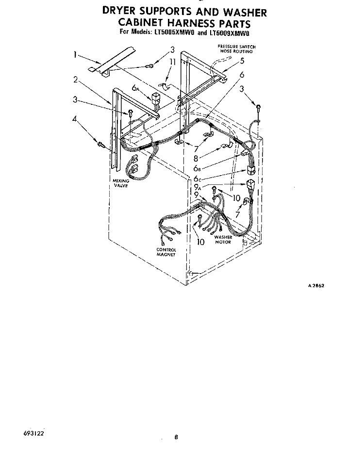 DRYER SUPPORTS AND WASHER CABINET H Diagram and Parts List for LT5005XMW0  Whirlpool Washer Dryer Combo