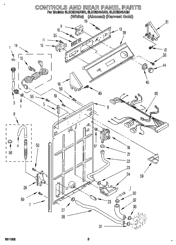 CONTROLS AND REAR PANEL Diagram and Parts List for 8LSC8245AW0  Whirlpool Washer