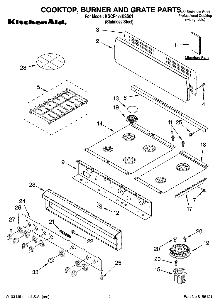 COOKTOP, BURNER AND GRATE PARTS Diagram and Parts List for KGCP483KSS01  KitchenAid Cooktop