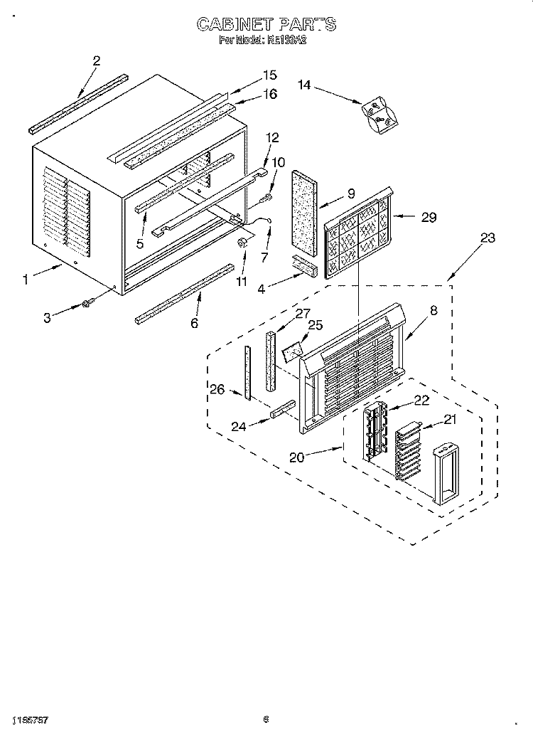 CABINET Diagram and Parts List for RE183A2  Whirlpool Air Conditioner