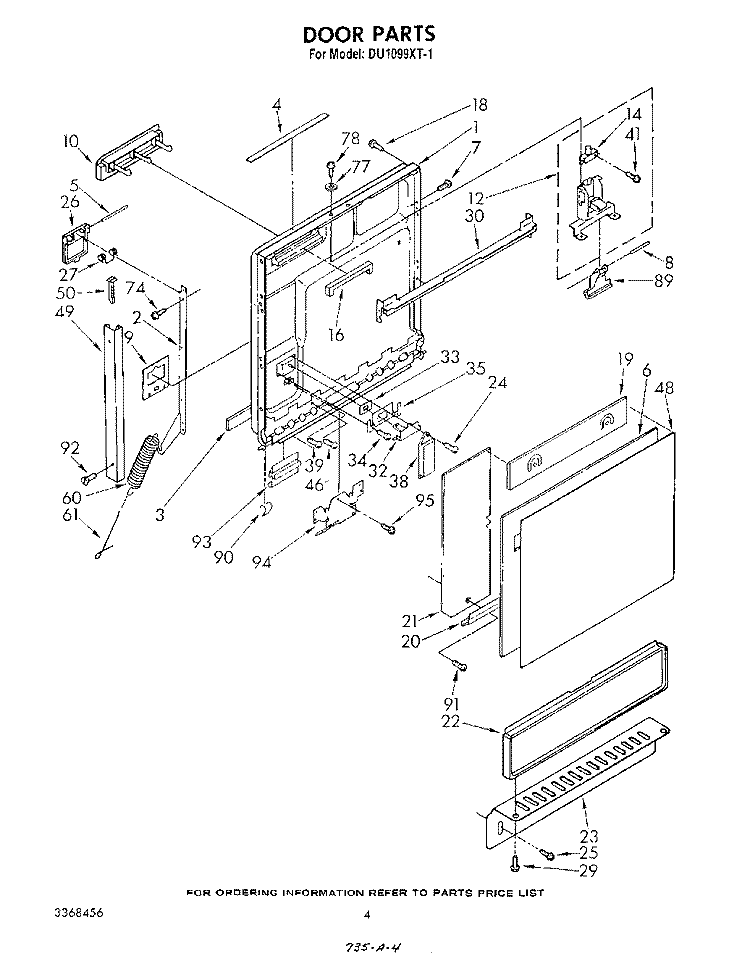 DOOR Diagram and Parts List for DU1099XT1  Whirlpool Dishwasher