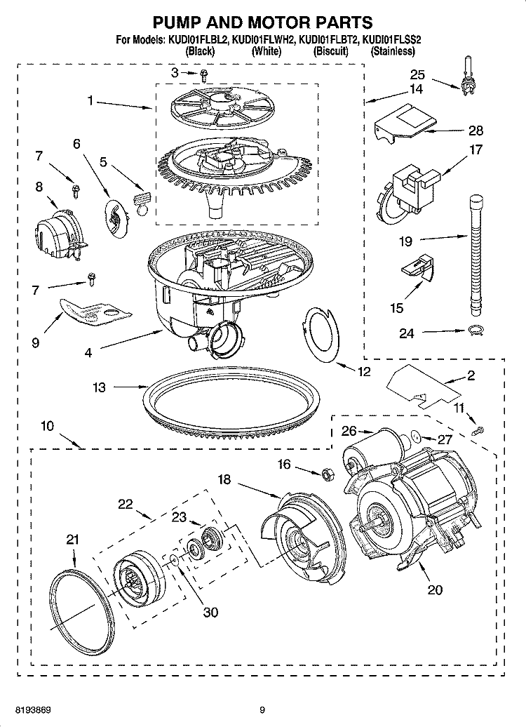 PUMP AND MOTOR PARTS Diagram and Parts List for KUDI01FLBT2  KitchenAid Dishwasher