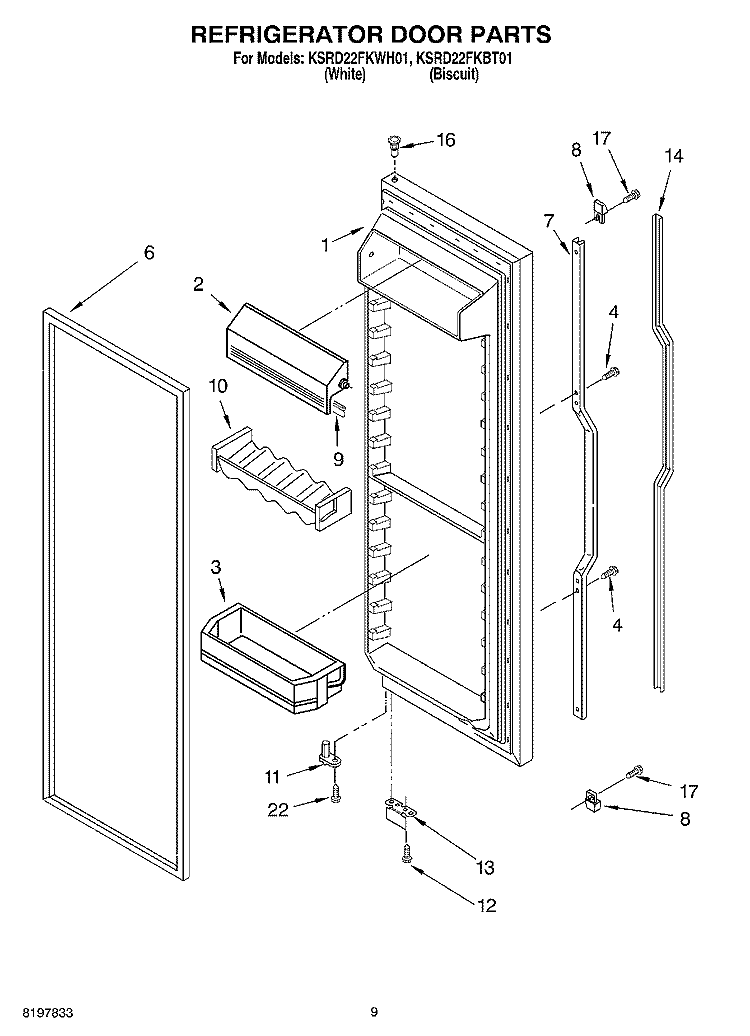 REFRIGERATOR DOOR Diagram and Parts List for KSRD22FKBT01  KitchenAid Refrigerator