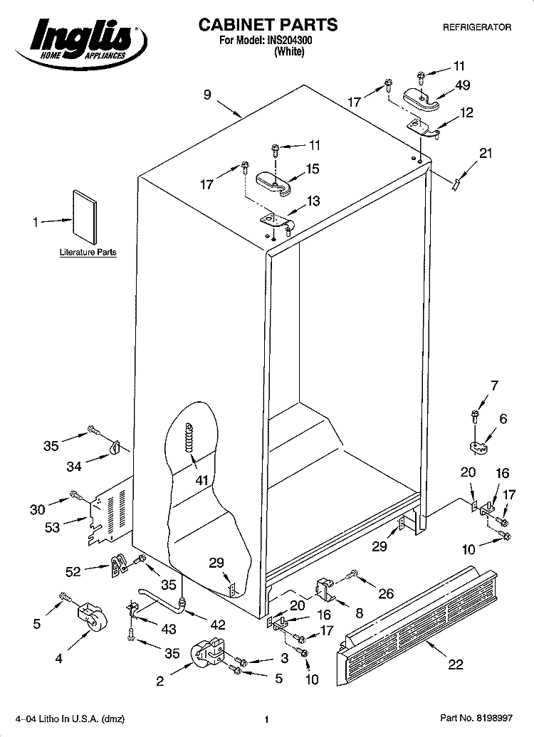 CABINET PARTS Diagram and Parts List for INS204300  Inglis Refrigerator
