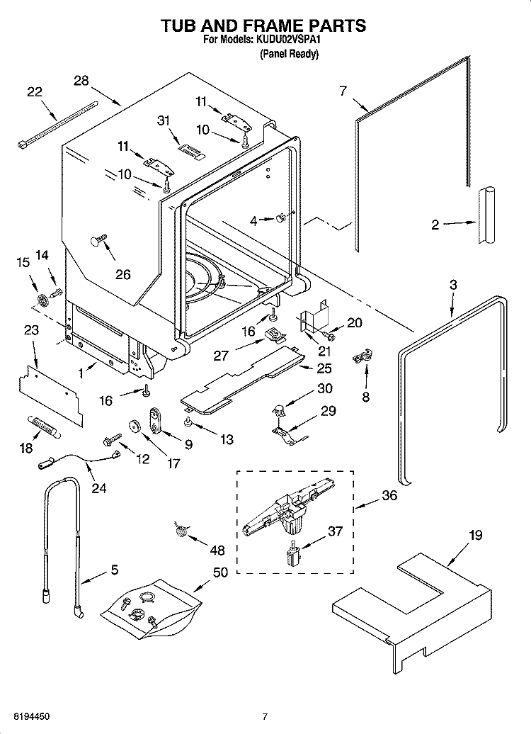 TUB AND FRAME PARTS Diagram and Parts List for KUDU02VSPA1  KitchenAid Dishwasher
