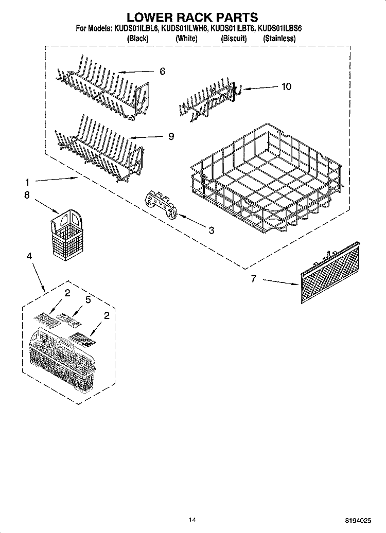 LOWER RACK PARTS, OPTIONAL PARTS (NOT INCLUDED) Diagram and Parts List for KUDS01ILWH6  KitchenAid Dishwasher