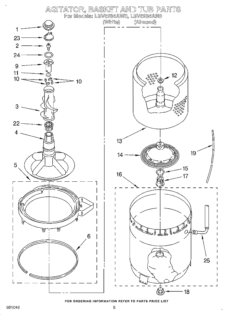 AGITATOR, BASKET AND TUB Diagram and Parts List for LSV6234AW0  Whirlpool Washer