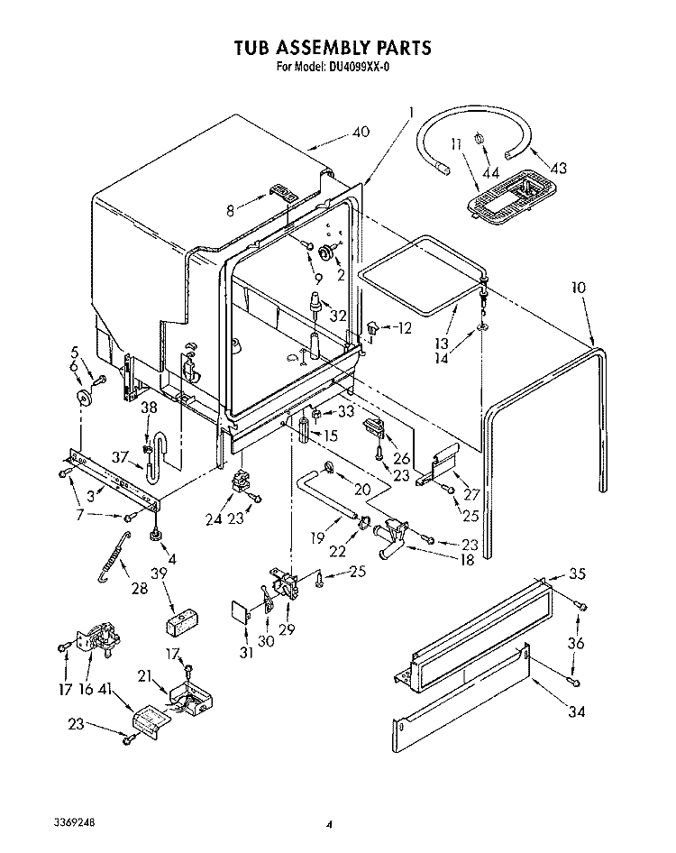 TUB ASSEMBLY Diagram and Parts List for DU4099XX0  Whirlpool Dishwasher
