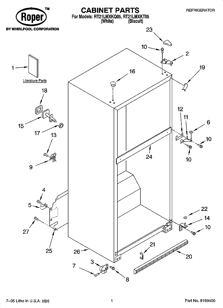 CABINET PARTS Diagram and Parts List for RT21LMXKQ05  Whirlpool Refrigerator