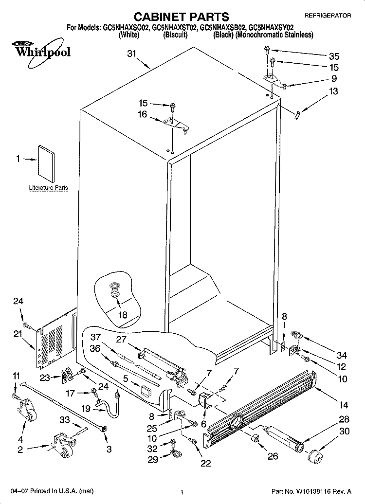 CABINET PARTS Diagram and Parts List for GC5NHAXSQ02  Whirlpool Refrigerator