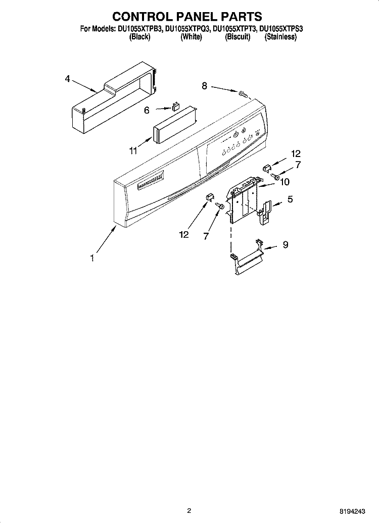 CONTROL PANEL PARTS Diagram and Parts List for DU1055XTPS3  Whirlpool Dishwasher