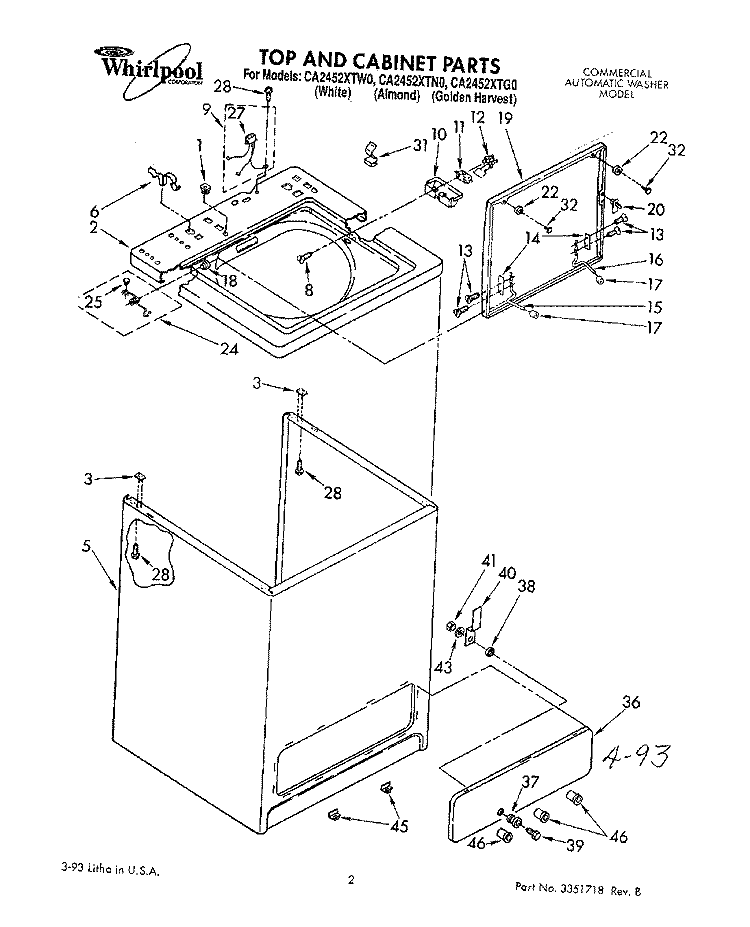 TOP AND CABINET, LIT/OPTIONAL Diagram and Parts List for CA2452XTG0  Whirlpool Washer