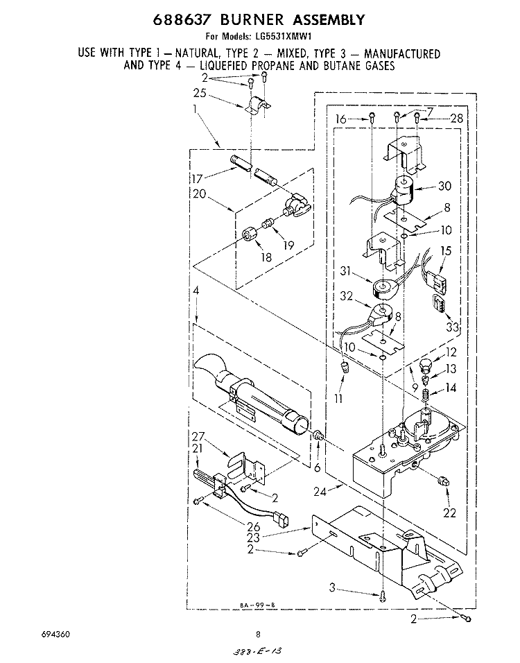 688637 BURNER Diagram and Parts List for LG5531XMW1  Whirlpool Dryer