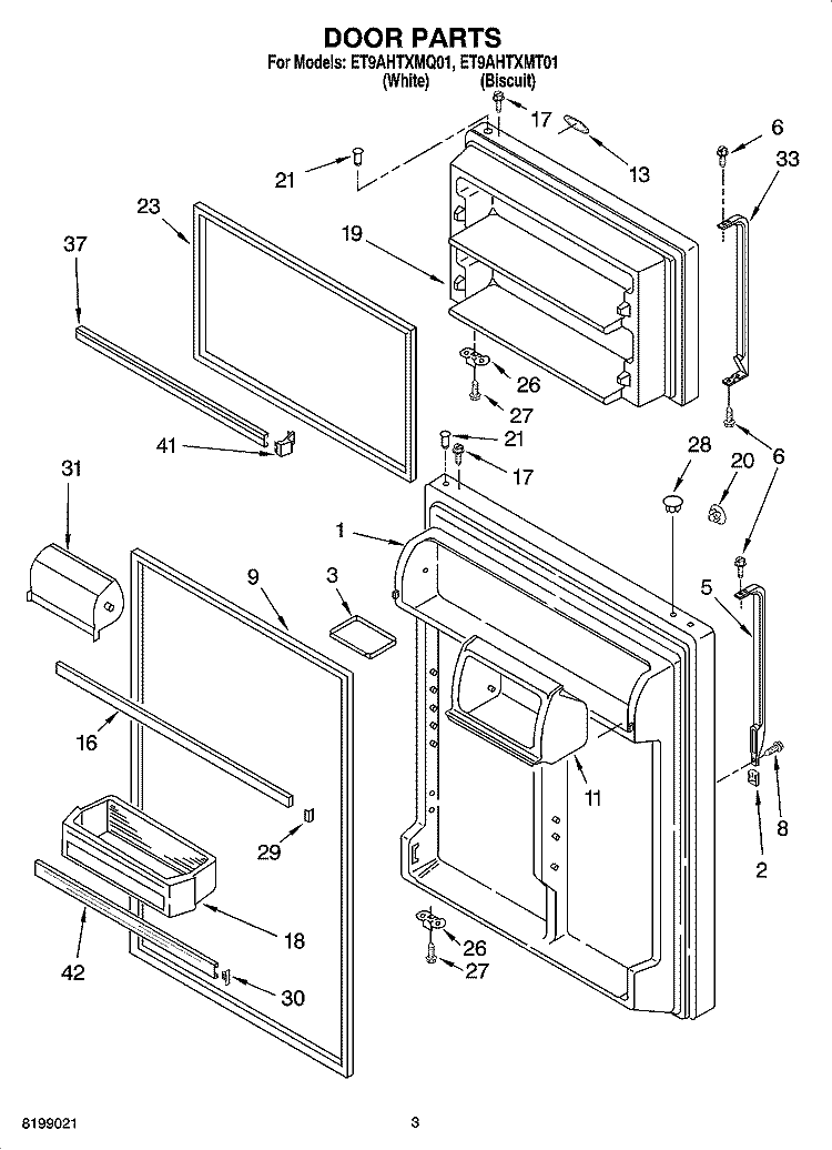 DOOR PARTS Diagram and Parts List for ET9AHTXMT01  Whirlpool Refrigerator