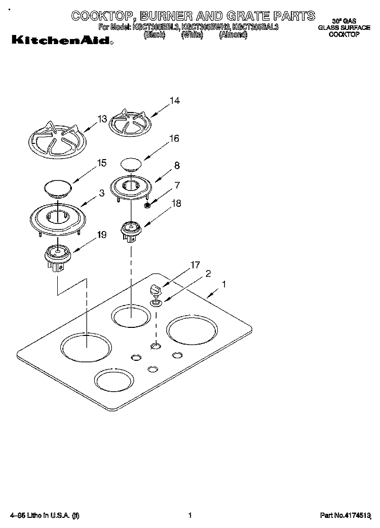COOKTOP, BURNER AND GRATE Diagram and Parts List for KGCT305BBL3  KitchenAid Cooktop