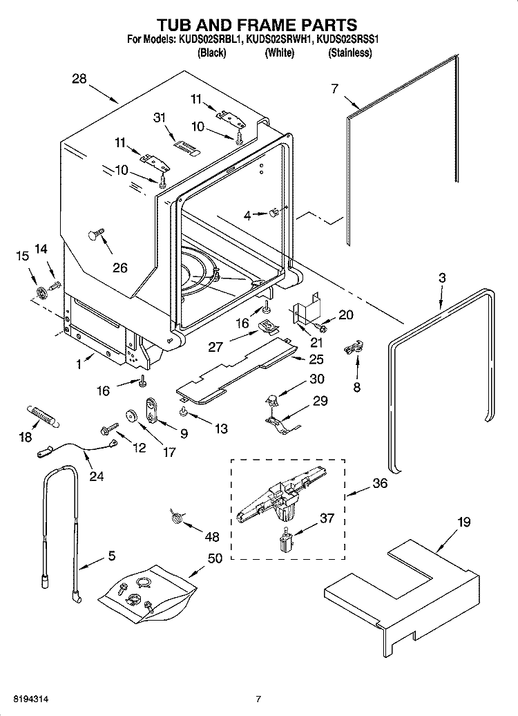 TUB AND FRAME PARTS Diagram and Parts List for KUDS02SRBL1  KitchenAid Dishwasher