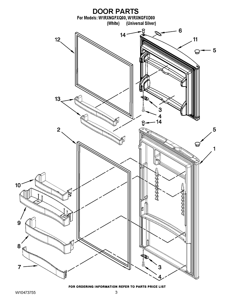 DOOR PARTS Diagram and Parts List for W1RXNGFXQ00  Whirlpool Refrigerator