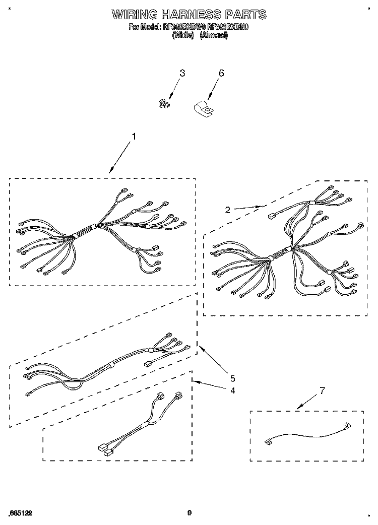 WIRING HARNESS, LIT/OPTIONAL Diagram and Parts List for RF366BXDW0  Whirlpool Range