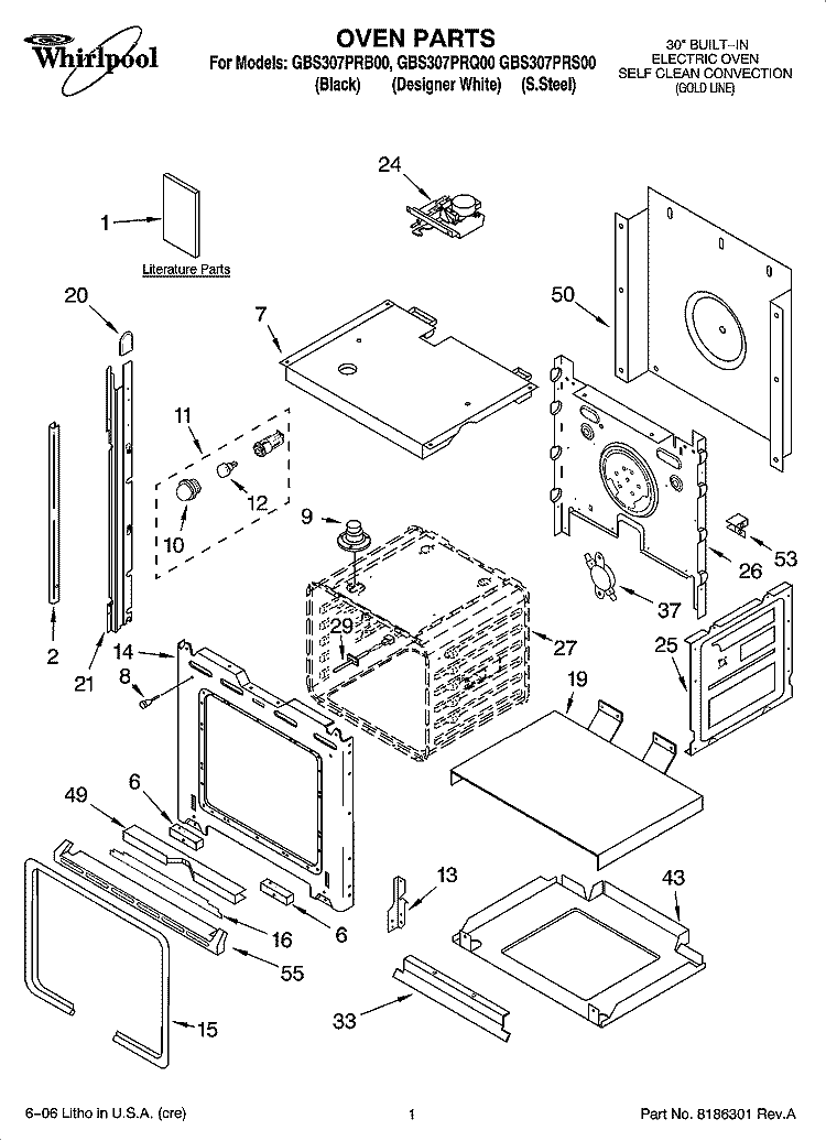 OVEN PARTS Diagram and Parts List for GBS307PRB00  Whirlpool Wall Oven
