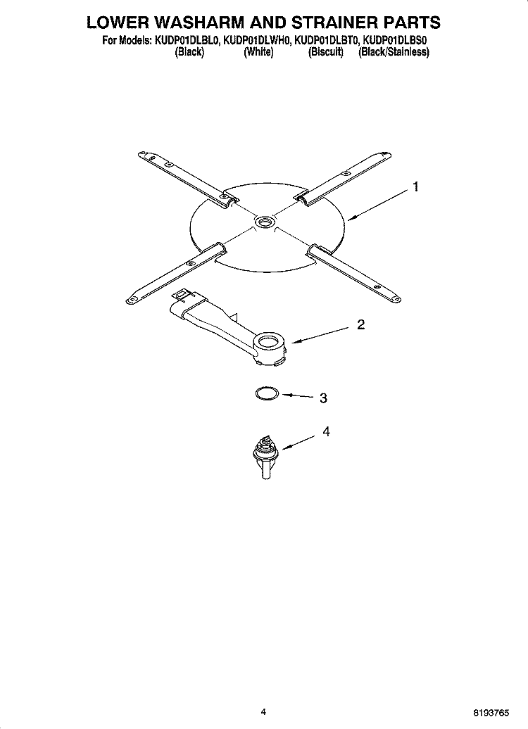 LOWER WASHARM AND STRAINER PARTS Diagram and Parts List for KUDP01DLBS0  KitchenAid Dishwasher