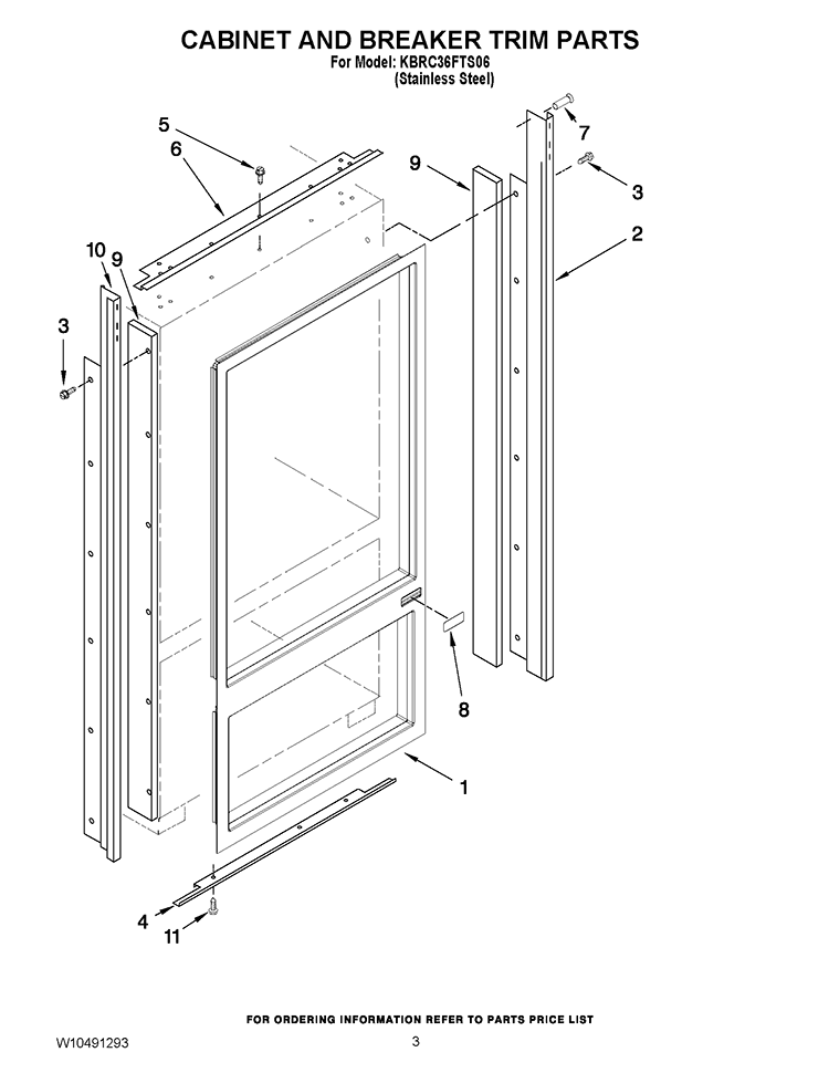 CABINET AND BREAKER TRIM PARTS Diagram and Parts List for KBRC36FTS06  KitchenAid Refrigerator