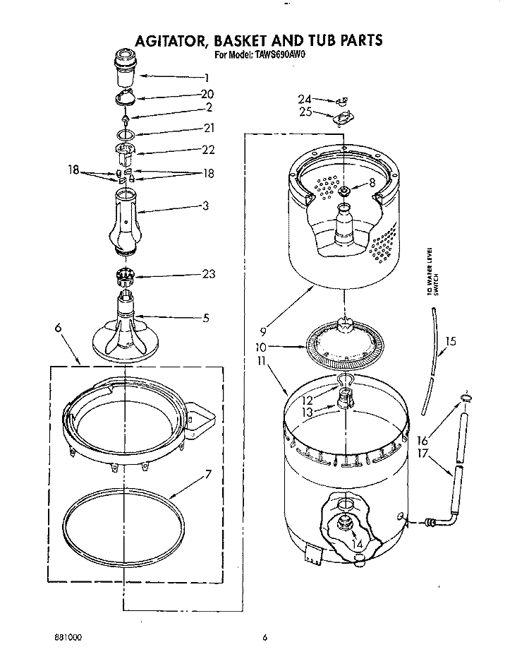 AGITATOR, BASKET AND TUB Diagram and Parts List for TAWS690AN0  Whirlpool Washer