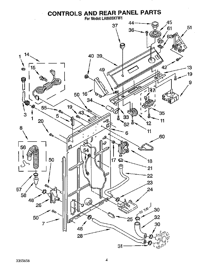 CONTROLS AND REAR PANEL Diagram and Parts List for LA8800XTM1  Whirlpool Washer